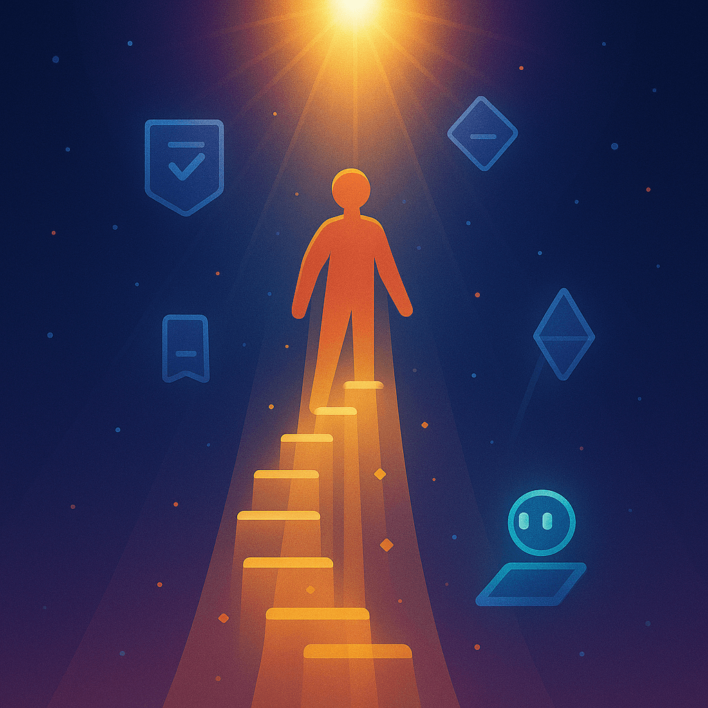 Learner climbing architectural stairs representing progress through micro-credentials